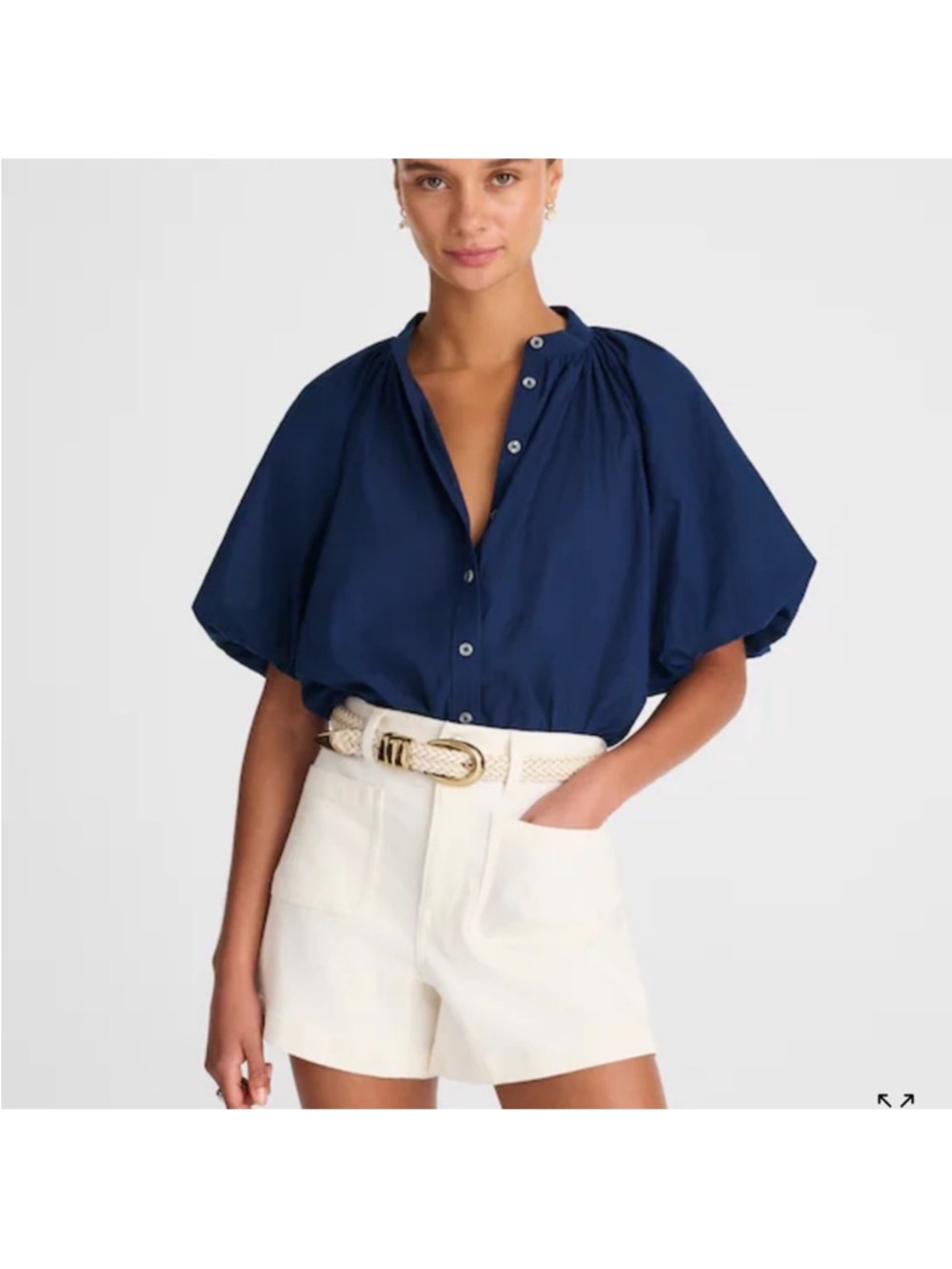 Madewell Navy Button-Front Puff Sleeve Blouse